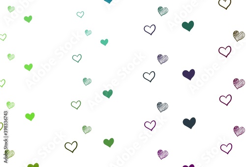 Light Pink, Green vector background with Shining hearts.