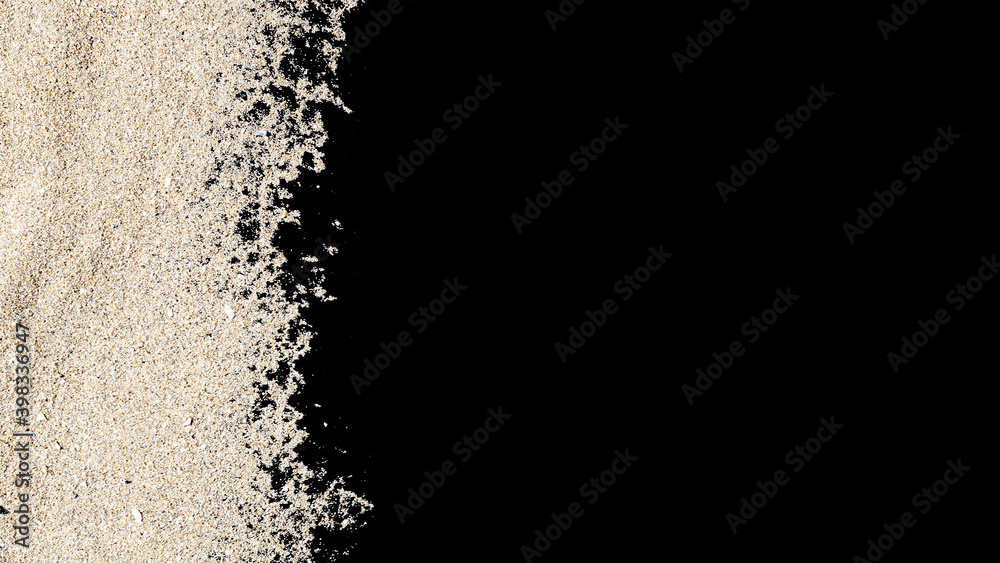 Pile desert sand isolated on black. Dust heap beach texture on shore background. Design of summer vacation holiday concept. - obrazy, fototapety, plakaty 