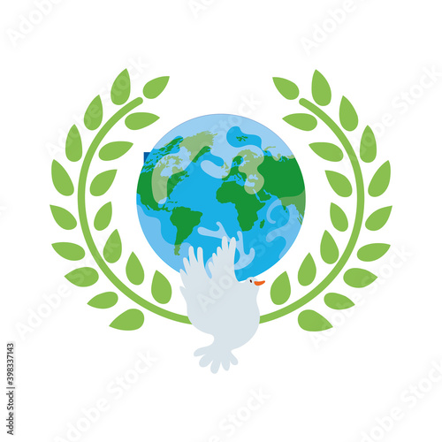 dove bird flying with planet earth in wreath crown