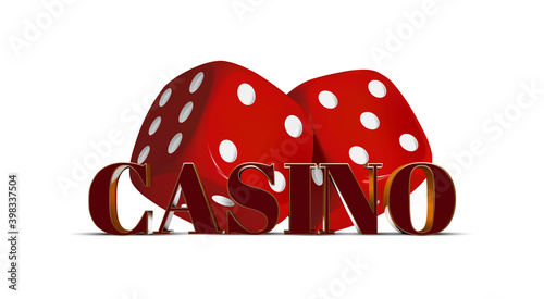 Volume text casino with playing dice on a white background. Separate text. Red-gold letters on a white background. Red dices on a white background. 3d effect. Vector