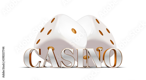 Volume text casino with playing dice on a white background. Separate text. White-gold letters on a white background. White dices on a white background. 3d effect. Vector