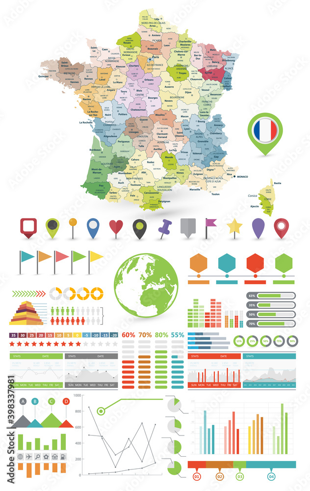 France map and Infographics design elements. On white