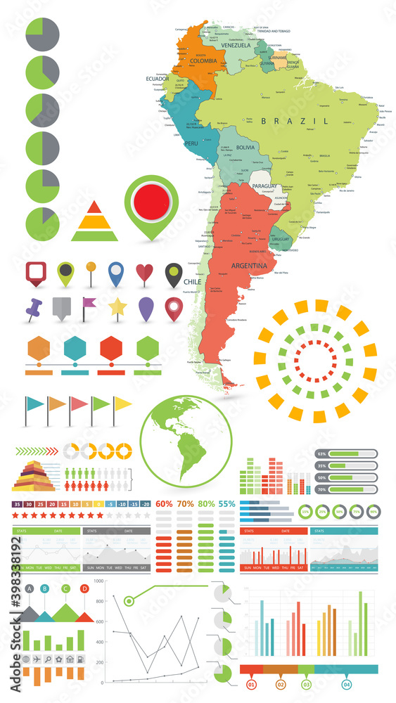 South America map and Infographics design elements. On white South America map and Infographics design elements. On white