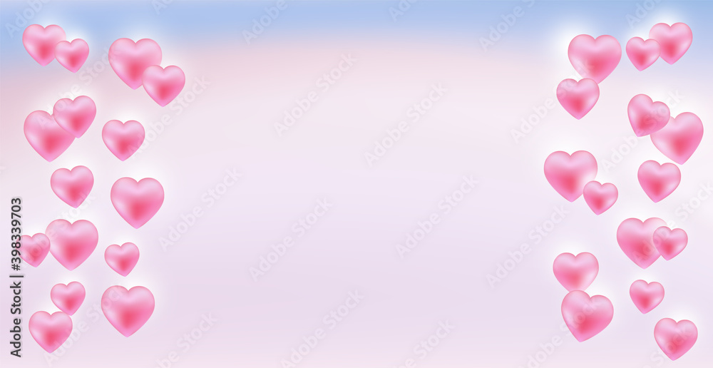 Valentines Day greeting card template with flying glossy balloon hearts. Realistic style. Premium vector.