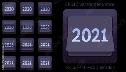 Animated flip calendar from 2020 to 2021. Black and silver date flipper for announcing New Year's events. 3D vector icon of counter. Sequence for GIF, HTML or flash animation. 12 FPS sprite sheet.