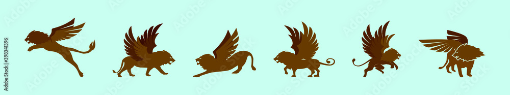 set of winged lion cartoon icon design template with various models. vector illustration isolated on blue background set of winged lion cartoon icon design template with various models. vector illustration isolated on blue background