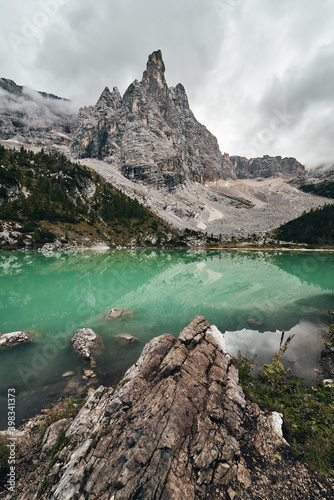 Fototapeta Naklejka Na Ścianę i Meble -  Lago di Sorapis, Lake Sorapis, Dolomites, Italy, Cloudy