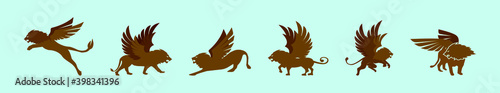 set of winged lion cartoon icon design template with various models. vector illustration isolated on blue background