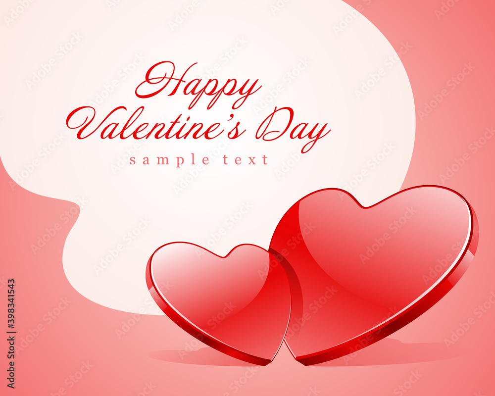 Happy valentines day card design and red shiny hearts vector background
