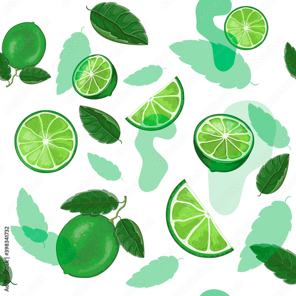 Seamless pattern of lime, lime slices, leaves and abstract spots. Stock vector illustration isolated on white background. Seamless pattern of lime, lime slices, leaves and abstract spots. Stock vector illustration isolated on white background.