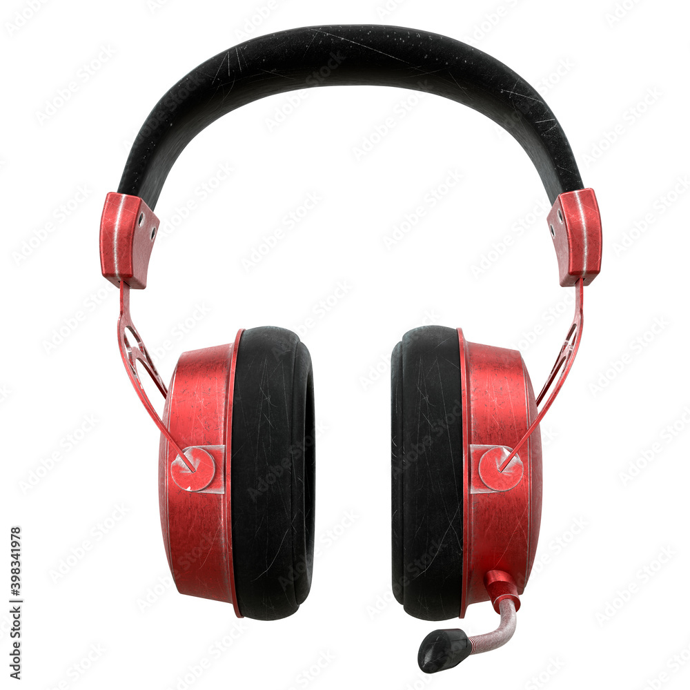 Used metal gaming headphones with microphone and scratches isolated on white