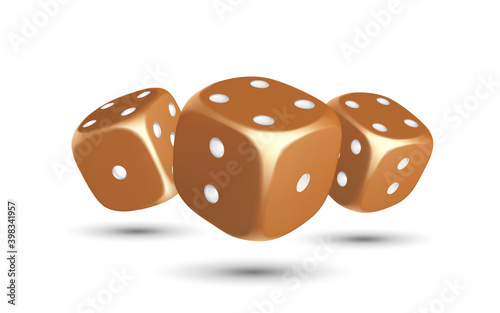 Dice. Composition of three dices on a white background. Gold dice. Casino. 3d effect Vector illustration.