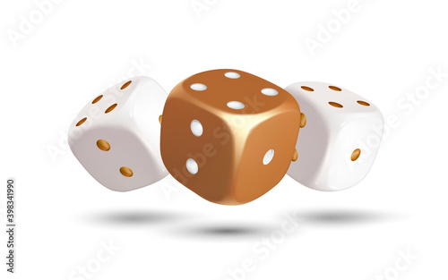 Dice. Composition of three dices on a white background. Gold and white dice. Casino. 3d effect Vector illustration.