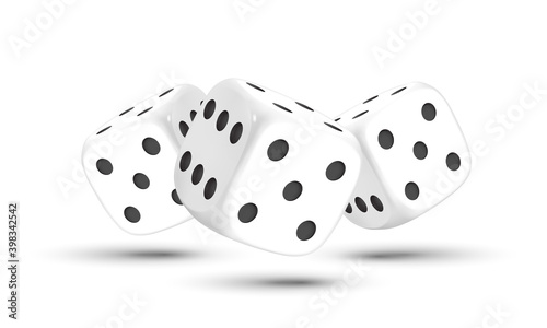 Dice. Composition of three dices on a white background. White dice. Casino. 3d effect Vector illustration.