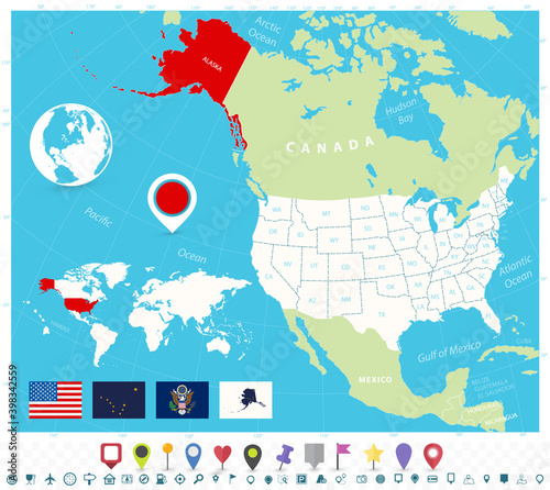 Location of Alaska on USA map with flags and map icons
