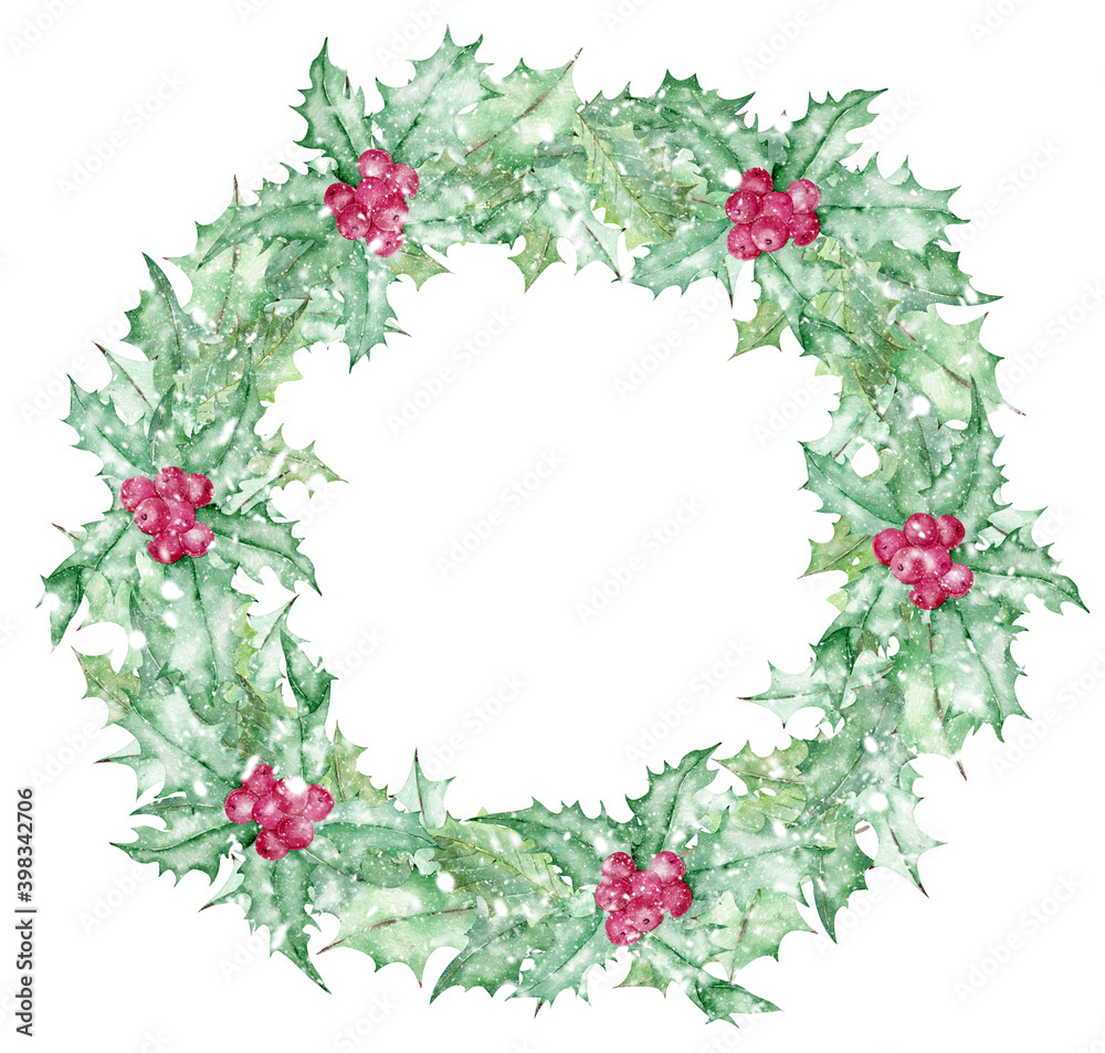 Watercolor Christmas mistletoe berry wreath covered with snow. Traditional garland with red berries and snowflakes.