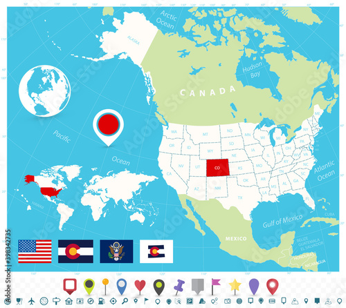 Location of Colorado on USA map with flags and map icons