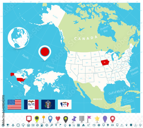 Location of Iowa on USA map with flags and map icons