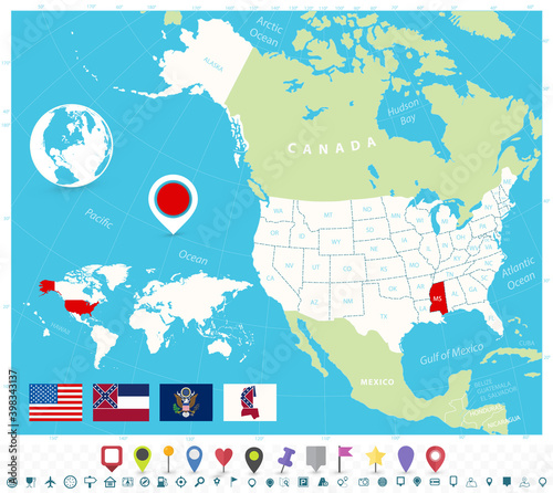 Location of Mississippi on USA map with flags and map icons