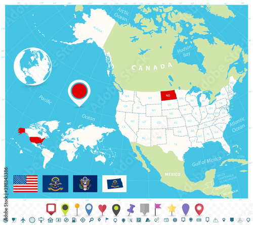 Location of North Dakota on USA map with flags and map icons