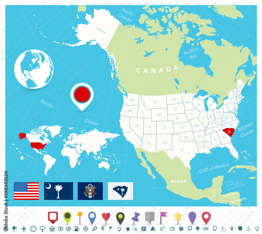 Location of South Carolina on USA map with flags and map icons Stock ...