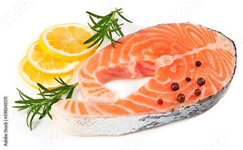 slice of raw fish, salmon, trout, steak, with rosemary and lemon isolated on white background, full depth of field