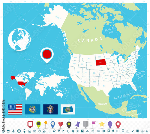 Location of South Dakota on USA map with flags and map icons