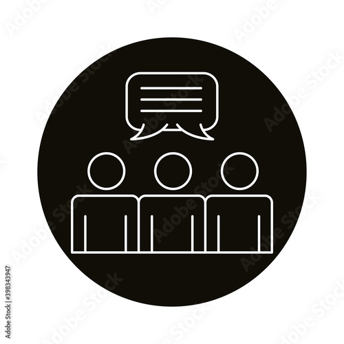 three workers with speech bubbles coworking line style icon