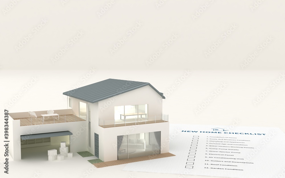 3d render of Modern Design House. Before you buy New Home Checklist.