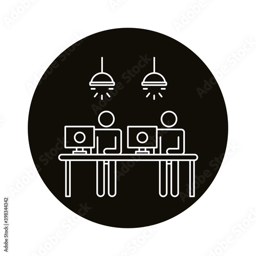 avatars couple working in desktops coworking line style icon