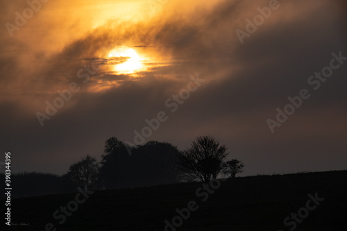 moody sun peeks through the clouds with trees silhouetted beneath