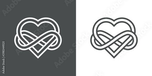Símbolo de amor eterno. Logotipo con corazón y símbolo infinito enlazados con lineas en fondo gris y fondo blanco
