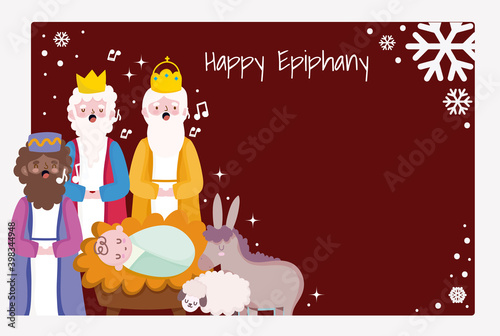 Fotografia happy epiphany, three wise men baby jesus donkey sing christmas carols