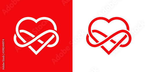 Símbolo de amor eterno. Logotipo con corazón y símbolo infinito enlazados con lineas en fondo rojo y fondo blanco