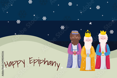 Print op canvas happy epiphany, three wise kings snowflakes decoration card