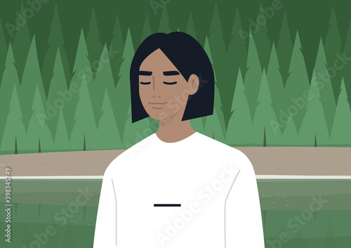 A tranquil forest meditation, a young female character resting with closed eyes