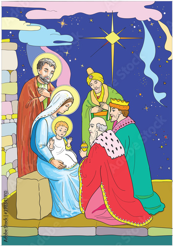 Christmas nativity religious Bethlehem crib scene, with Holy family of Mary, Joseph and baby Jesus and three wise men. Holy Family. holiday background, illustration.