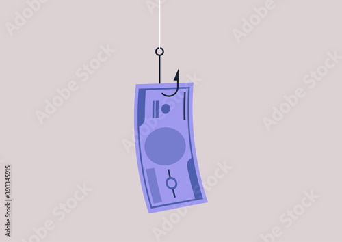 A paper banknote hanging on a hook, online scam, phishing activity
