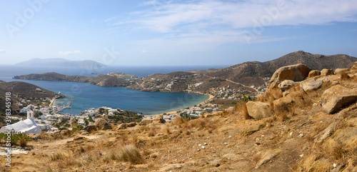 View of the bay and the main port of Ios Island. Cyclades, Greece