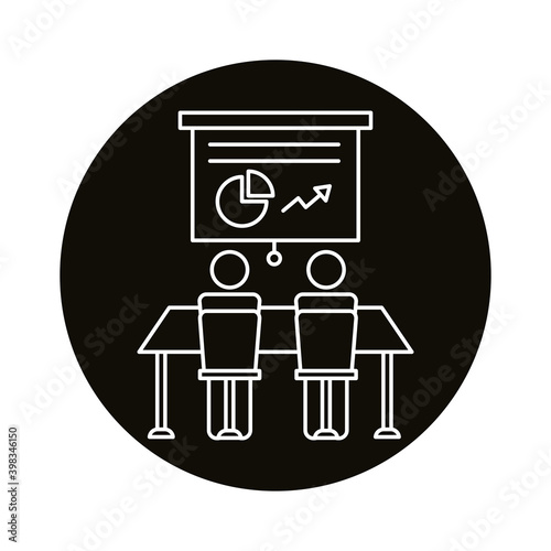 avatars couple coworking with paperboard and statistics line style icon