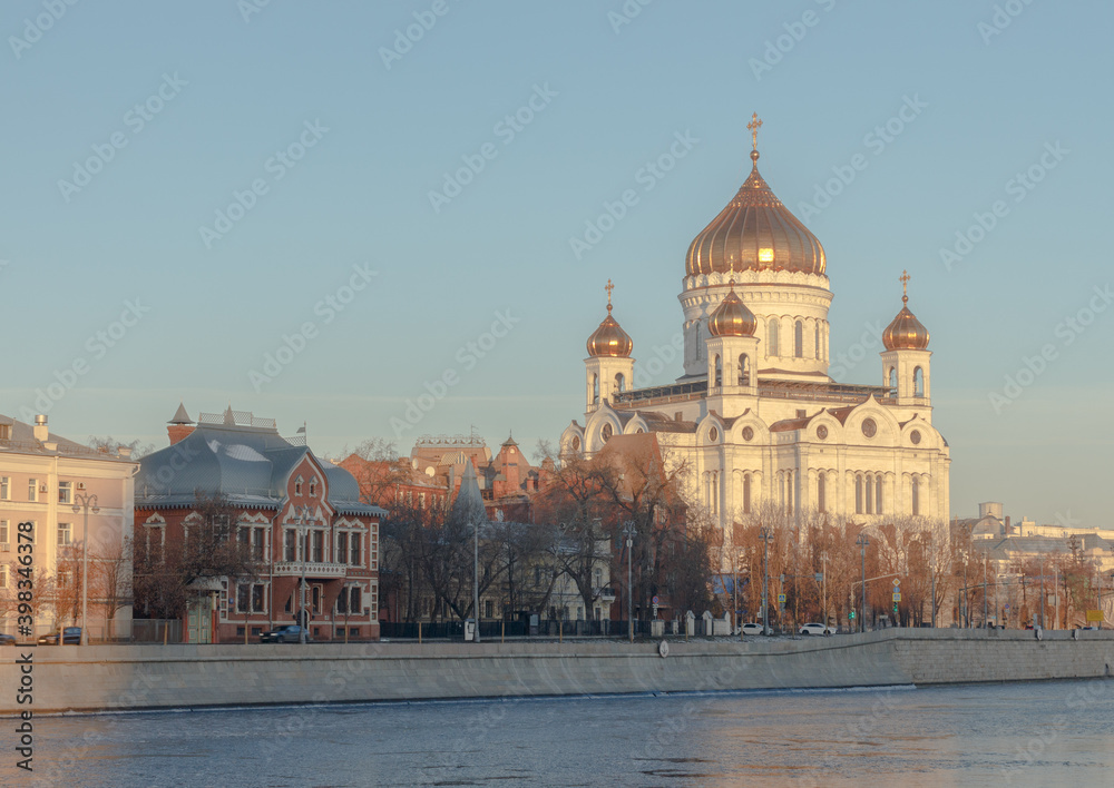 Christ The Saviour Cathedral in Moscow Russia. Prechistenskaya embankment. Sunny morning, winter
