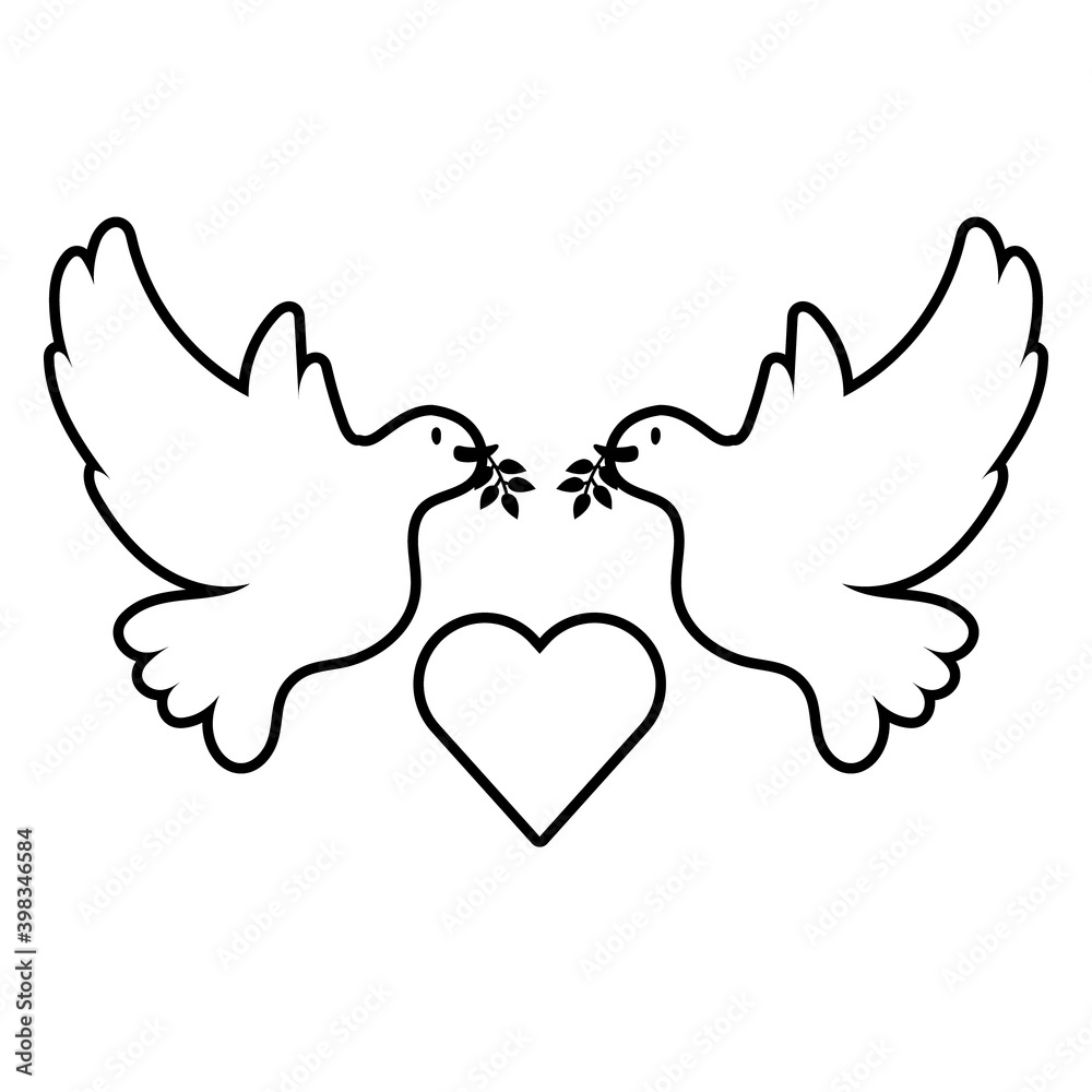 doves birds flying with heart line style icon doves birds flying with heart line style icon