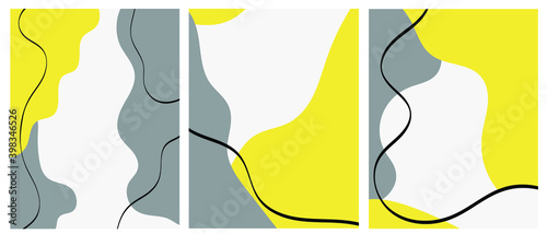 Illuminating, Ultimate Grey - Color of the Year 2021. Set of three creative minimalist hand drawn illustrations for home decoration poster, postcard or social media. Vector. Fashion colors.