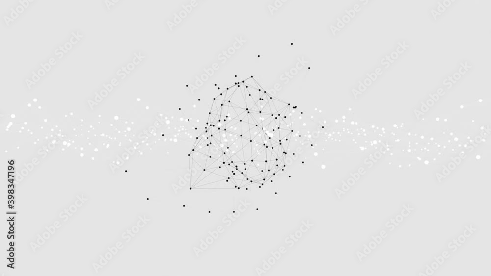 3D render of abstract Plexus black and white geometrical shapes animation. Connection web concept. Digital, Communication Technology Network Background With Moving Triangles, Lines And Dots.
