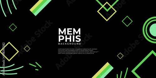 Set of isolated memphis style abstract shapes with geometric triangle and dots. Green black white yellow and violet texture made of shapes for minimalistic background. Template with geometric form