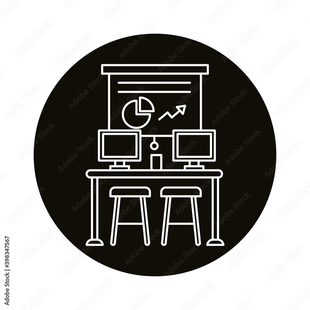 work place coworking with statistics and desktops line style icon work place coworking with statistics and desktops line style icon
