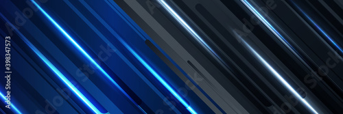 Trendy composition of blue technical shapes on black background. Dark metallic perforated texture design. Technology illustration. Vector header banner