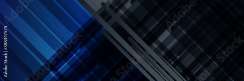 Trendy composition of blue technical shapes on black background. Dark metallic perforated texture design. Technology illustration. Vector header banner