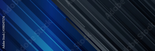 Trendy composition of blue technical shapes on black background. Dark metallic perforated texture design. Technology illustration. Vector header banner