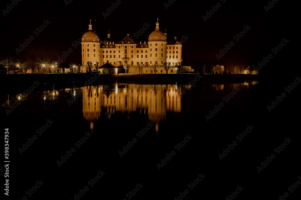 Fototapeta premium view of Moritzburg Castle in the night with the light , Saxony - Germany
